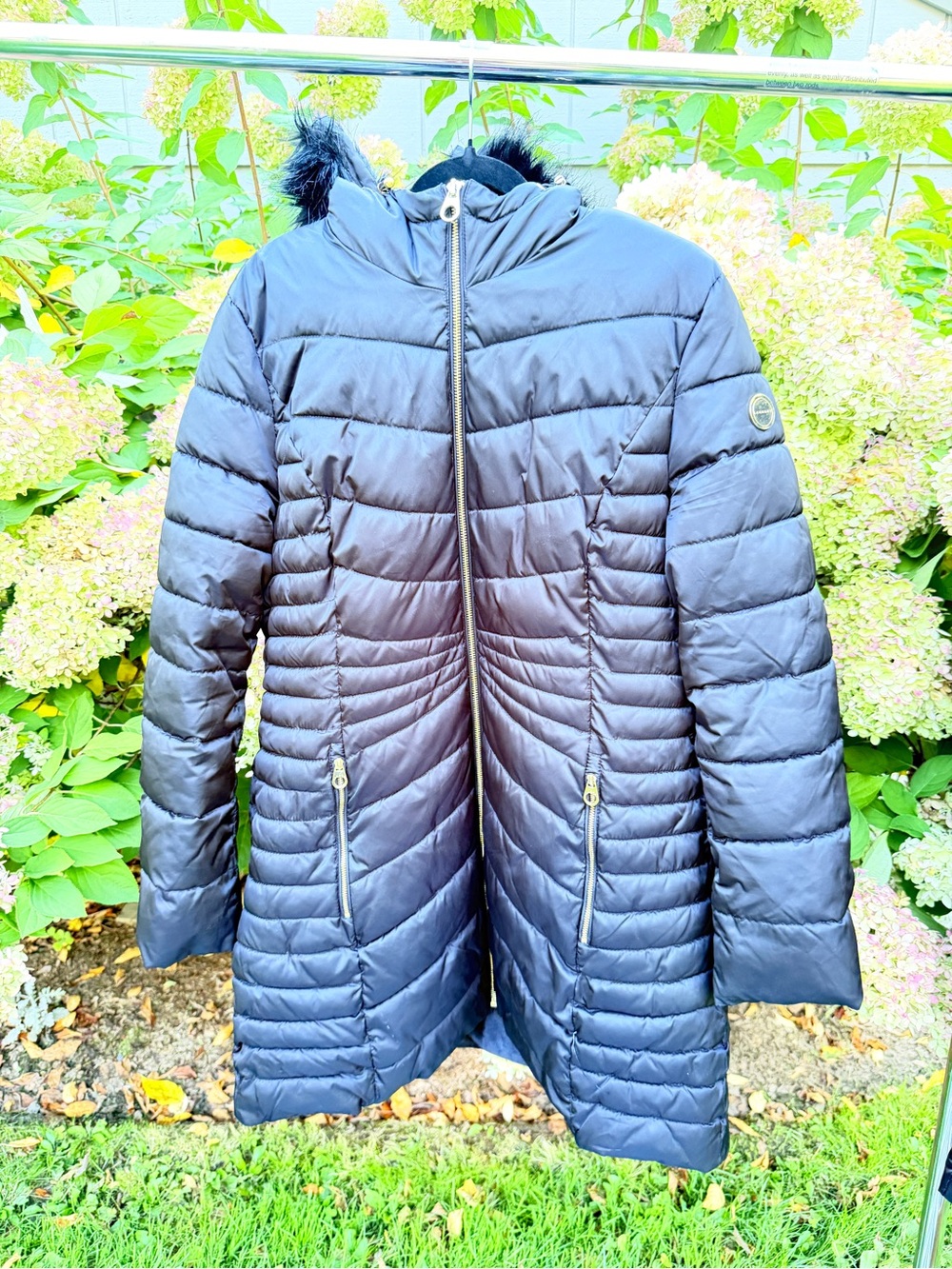 Laundry By Shelli Segal Navy Quilted Hooded Puffer with Faux-Fur Trim